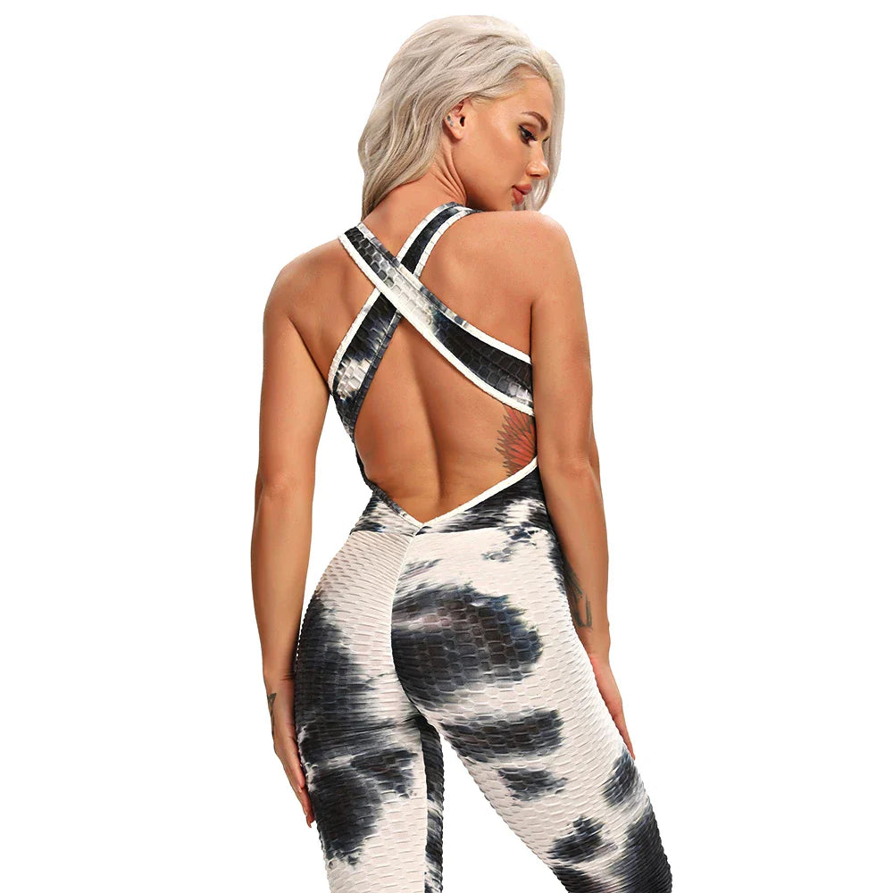 INFILAR Sleevelss Women Sport Jumpsuits Backless Crossciss Strap One Piece Sets Fitness Yoga Pants Tie Dye Bodysuit Women Romper Ink Black CHINA