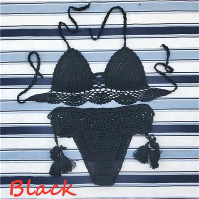 Handmade Crochet Push up Bikini Set Sexy Women Swimwear Crop Top Beach Swimsuit Suit black