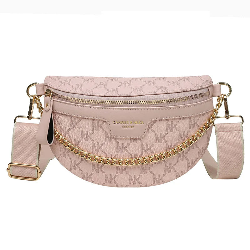 Women Chain Waist Bag PU Leather Fanny Pack Waist Belt Bag for Women Luxury Shoulder Crossbody Chest Purses and Handbag Pink C