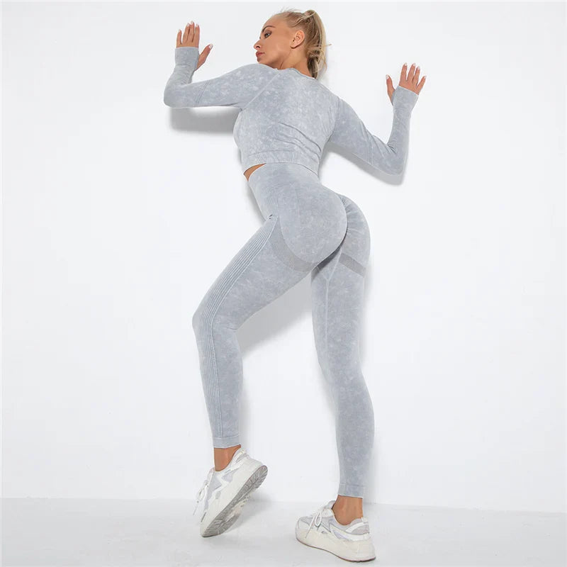 Women Seamless Yoga Set Fitness Sports Suits Gym Clothing Long Sleeve Crop Top Shirts High Waist Running Leggings Workout Pants Light Gray 2pcs