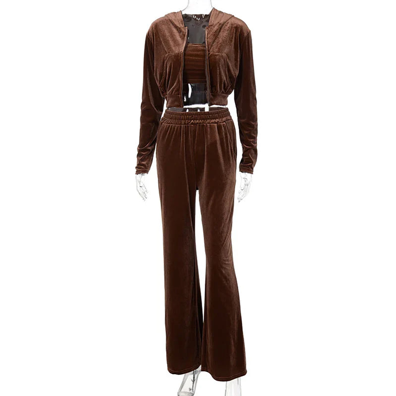 Dulzura Velvet Women 3 Piece Set Hoodie Sweatshirt Zipper Tube Crop Top High Waist Wide Leg Pants Tracksuit Sporty Casual Outfit Brown