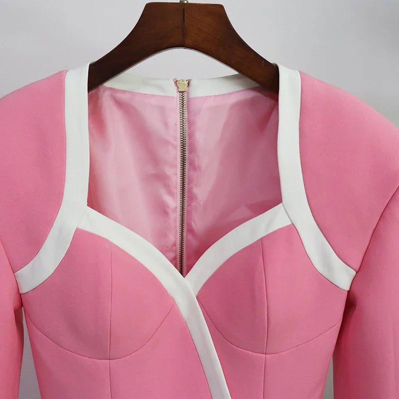 HIGH STREET Newest Designer Dress Women's Extra Shoulder Square Collar Long Sleeve Double Breasted Color Block Mini Dress