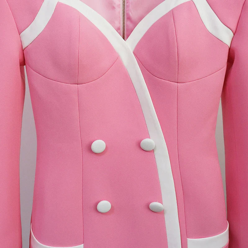 HIGH STREET Newest Designer Dress Women's Extra Shoulder Square Collar Long Sleeve Double Breasted Color Block Mini Dress