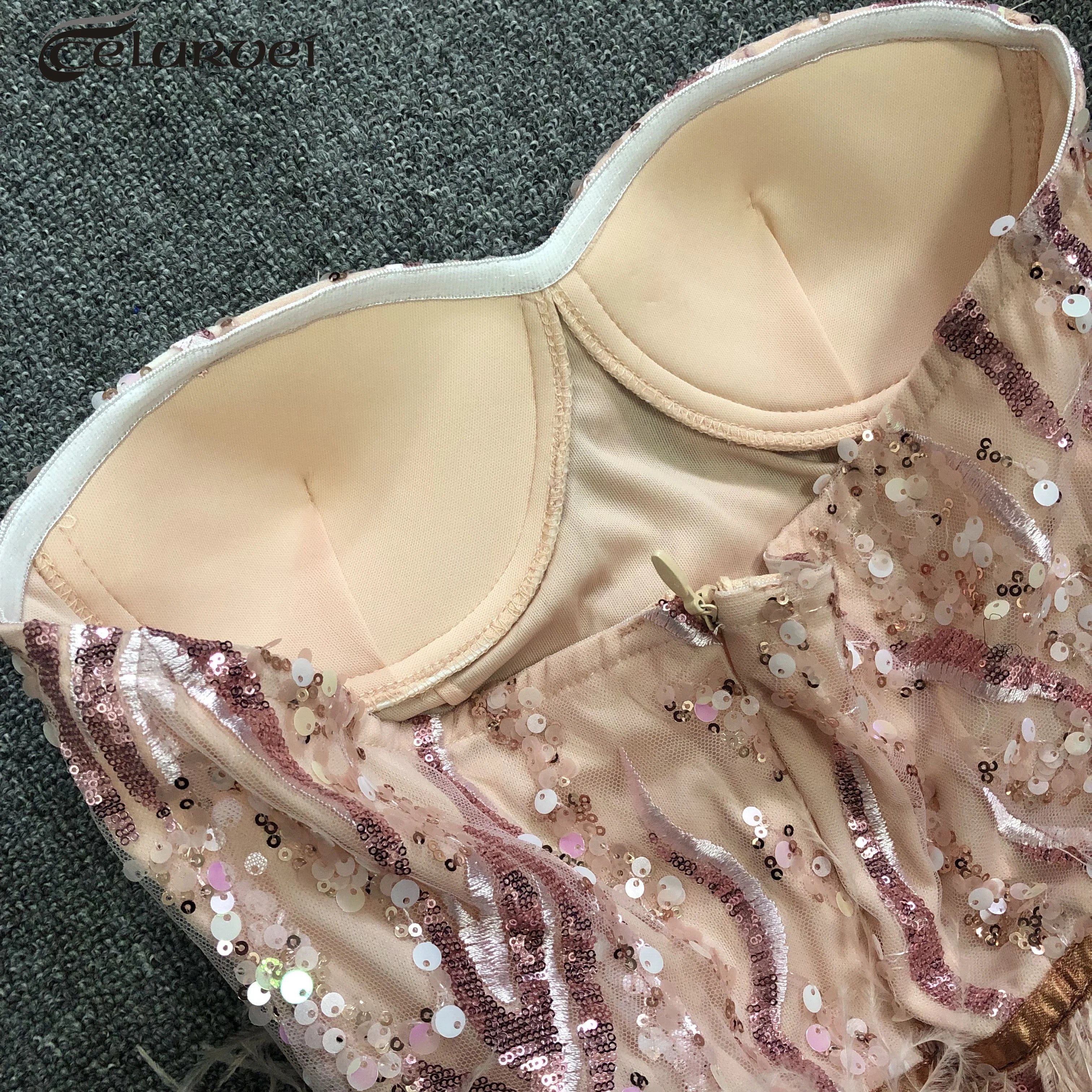 Pink Sequin Feather Mini Dress Fashion Strapless Night Club Party Bodycon Dress Vestidos