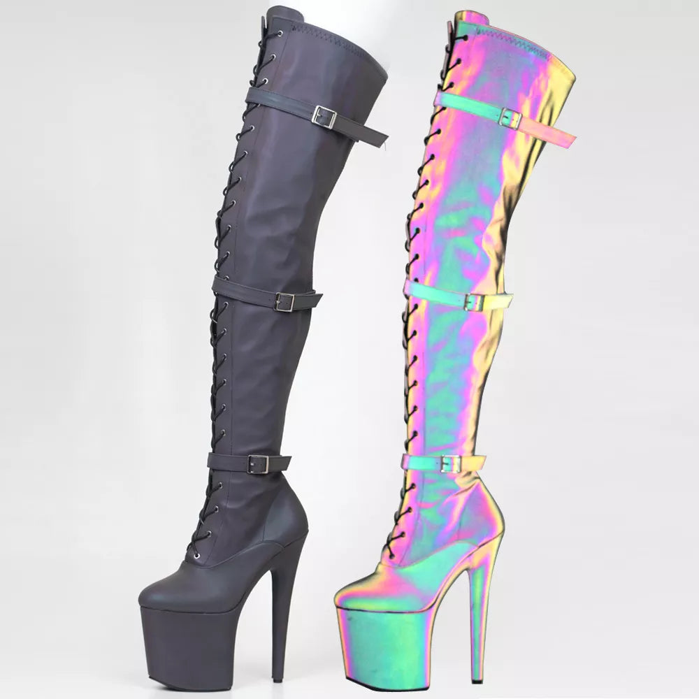 8 Inch Lace Up Thigh High Boots Sexy Exotic Pole Dance Colorful Reflective Fabric Luminous Platform Shoes black