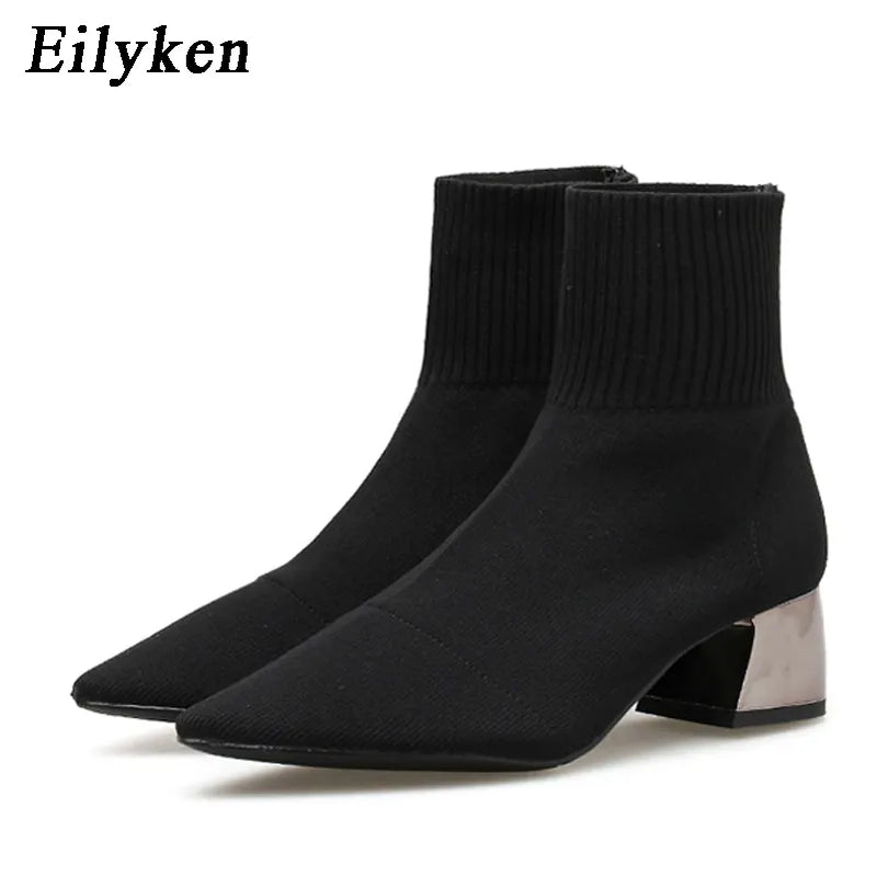 Fashion Knitted Stretch Fabric Sewing Women Ankle Boots Square Heels Winter Pointed Toe Ladies Sock Booties