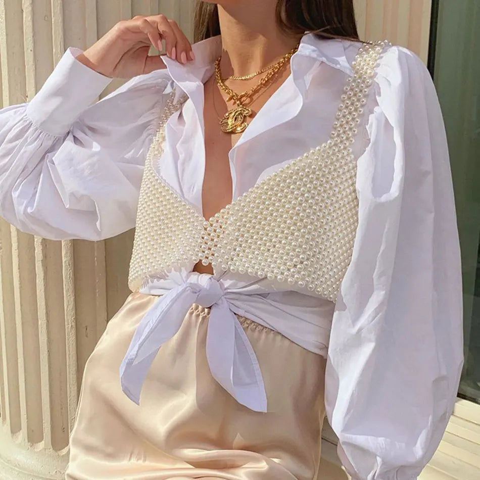 2025 High Street Deep V Neck Pearl Vest Women Fashion Crop Top Ladies White Sleeveless Sexy Club Tank Top Blusas