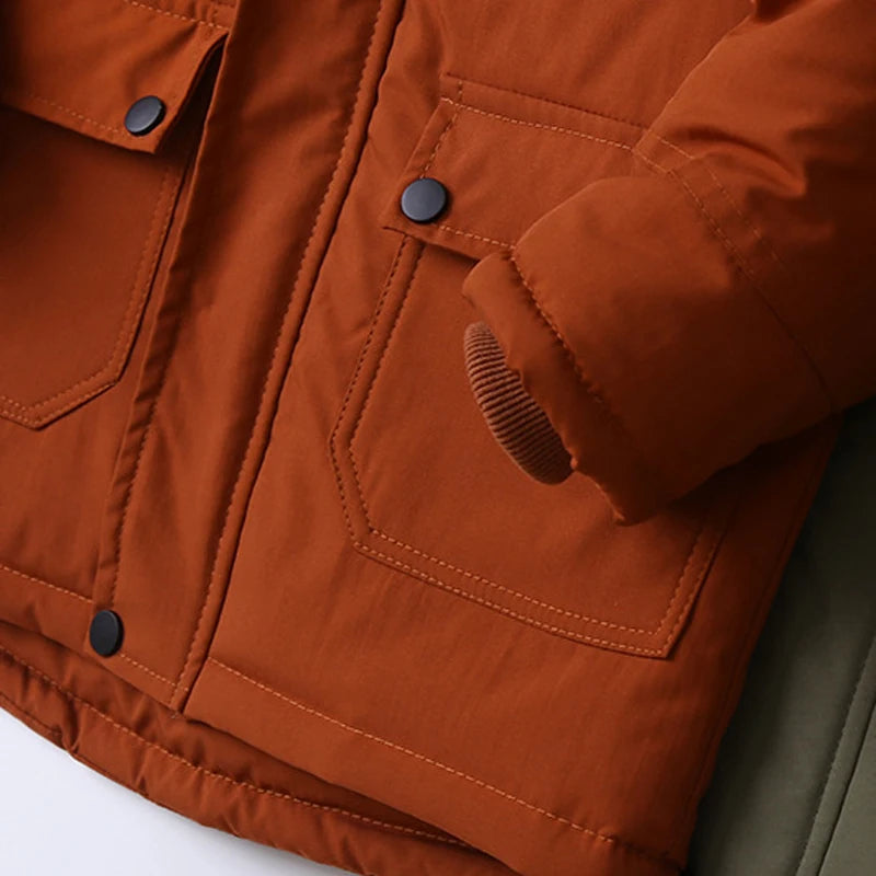 Boys Coats Autumn Winter Fashion Hooded Fur Children's Plus Velvet Warming Cotton Outerwear For Kids Jacket 5-14 Years