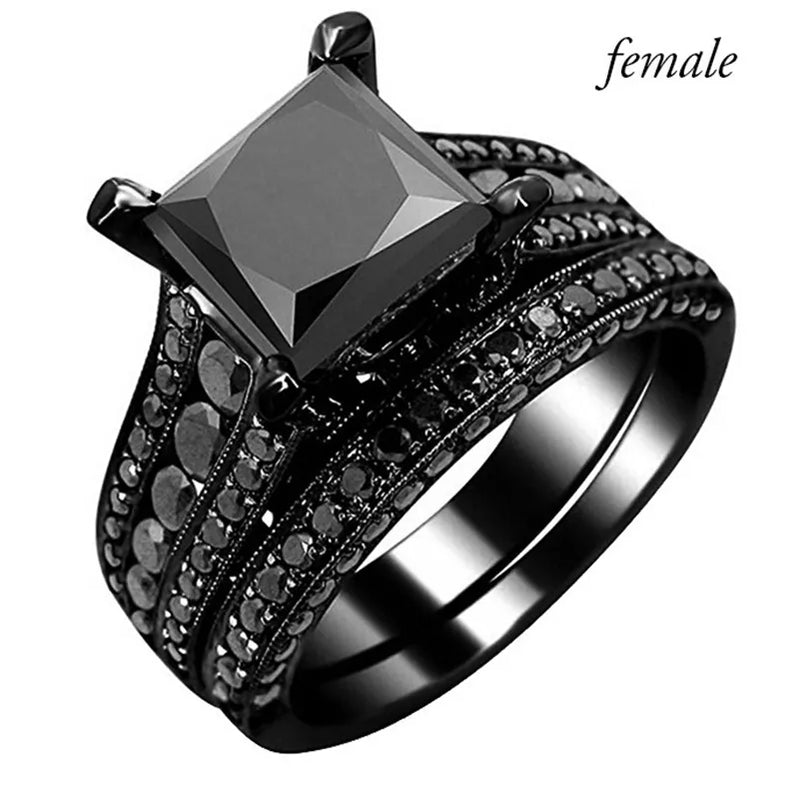 Fashion Couple Jewelry Lovers Rings Women's Black Zircon Engagement Ring Set Men's Stainless Steel Wedding Band Anniversary Gift Female