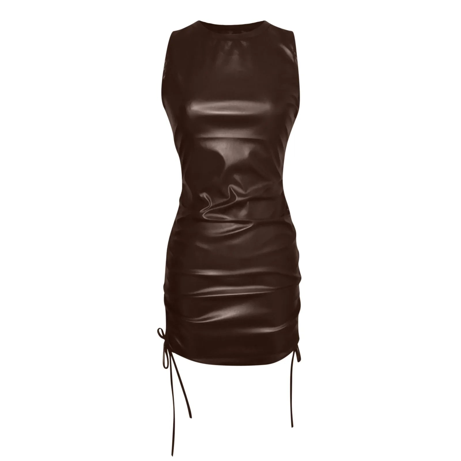 Fashion New Pu Leather Mini Dress Ruched Sleeveless Bodycon Sexy Streetwear Party Clubwear Elegant Autumn Winter Inside Dress