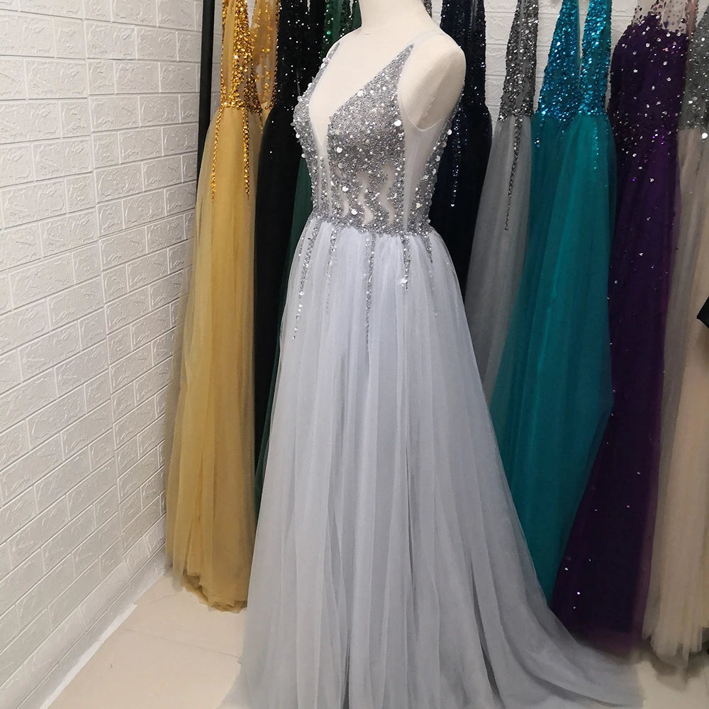 Sexy V-Neck Long Prom Dresses Beaded Beading Crystal High Splits Backless A-Line Formal Gown Party Dress Silver