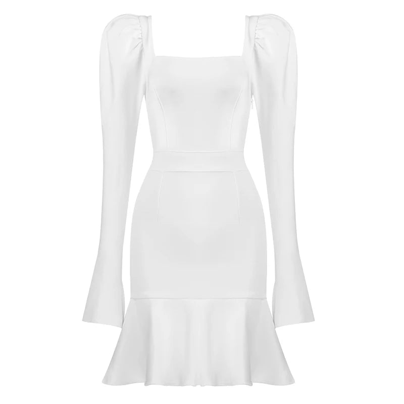 Women Winter Sexy Long Sleeve Square Collar Black Pleated Mini Bodycon Bandage Dress 2021 Elegant Evening Party Dress Vestidos