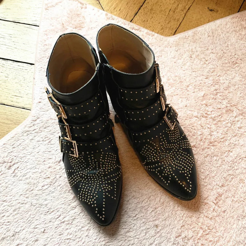 Women's Ankle Boots Rivet Flower Susanna Studded Cowboy Boots Genuine Leather Luxury Shoes Ladies Botines Mujer