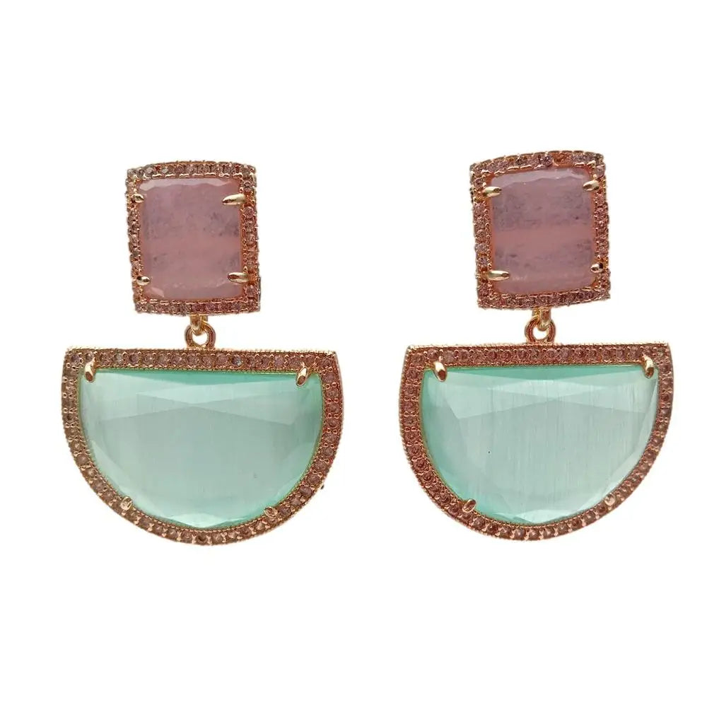 YYGEM Semicircle Green Dangle Pink Cat Eye Gold plated Stud Earrings Geometric Fashion Jewelry