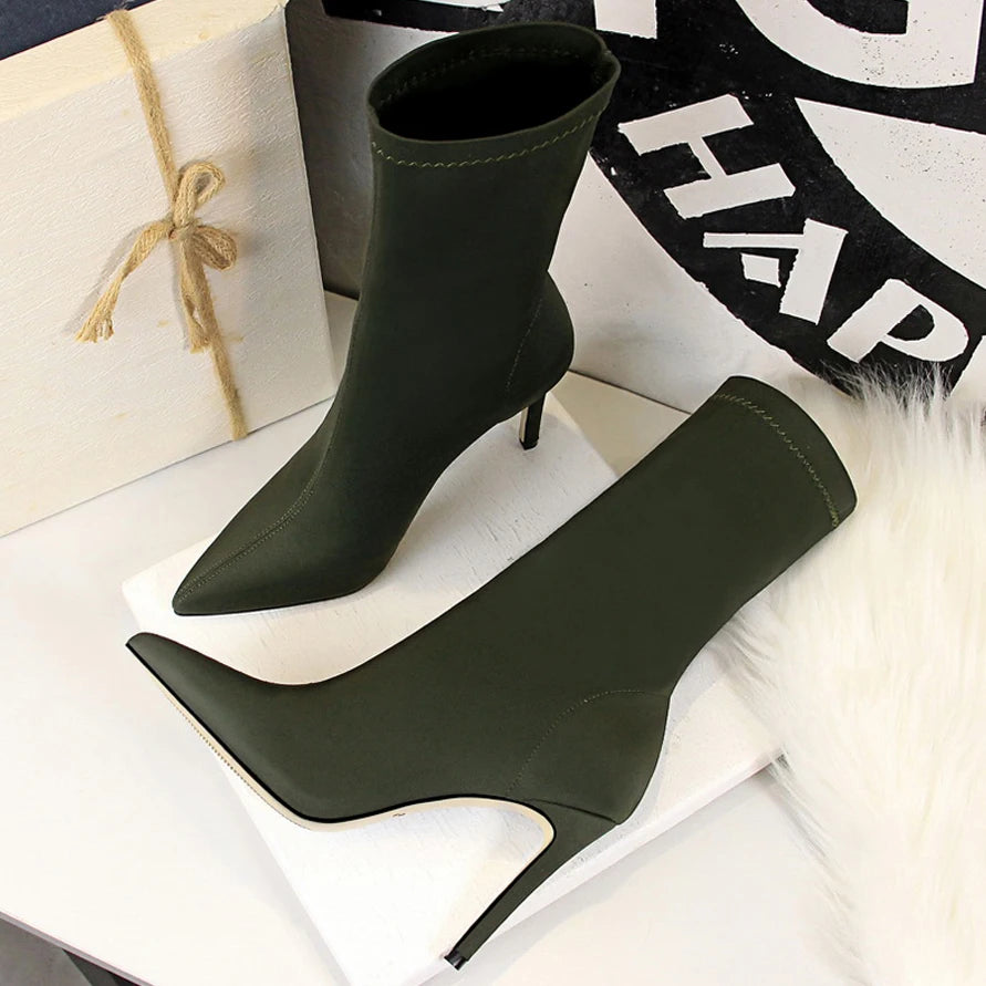 Mid-calf Boots Sexy Sock Boots Stretch High Heels Boots Fetish Women Shoes Autumn Winter Boots Stiletto Women Pumps 41
