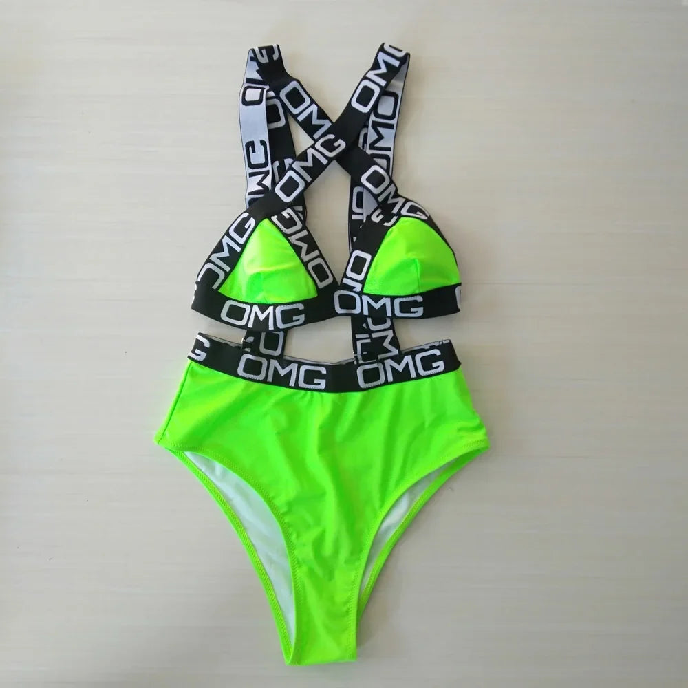 Neon Women Swimsuit Push Up Bikini Swimwear High Waist Bathing Suit OMG Letter Print One Piece Monokini Beachwear Swimsuit neon green