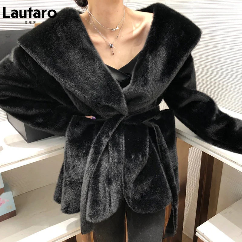 Winter Black Warm Oversized Faux Fur Cardigan Women Drop Shoulder Long Sleeve Sashes Loose Stylish Korean Fashion 2021