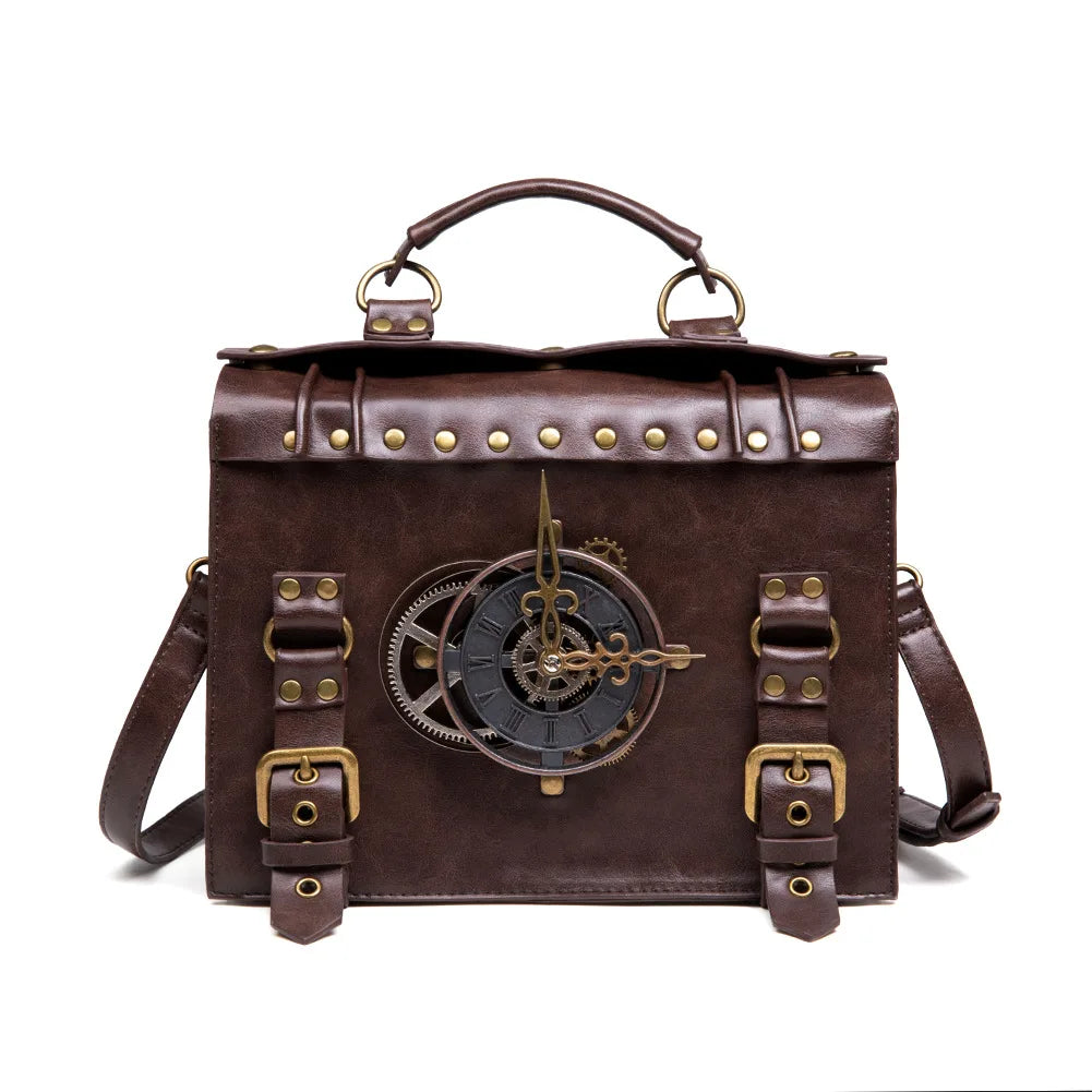 Norbinus Steampunk Single Shoulder Bags Vintage Women Handbags Gothic Messenger Crossbody Bag Ladies Rivet Top-Handle Bags Pack 028Coffee