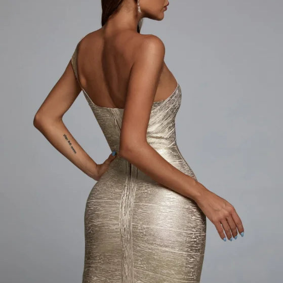 Vestido de celebridade com um ombro só, estampa dourada, rayon, bandagem, elegante, festa de clube