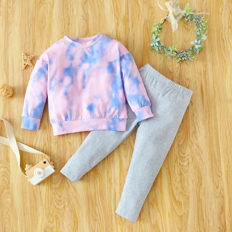 Fall Girls Clothing Sets Kids Clothes 2 Pcs Sets Tie Dye Long Sleeve Sweater Tops+solid Long Pants Fashion Girls Outfits 1-6Y GY