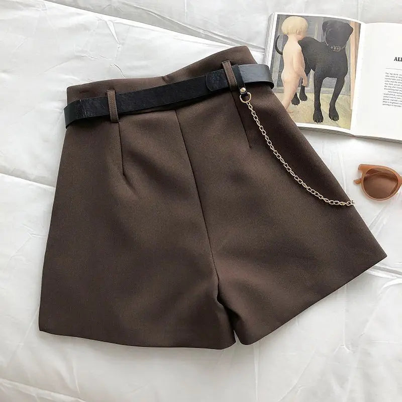 2021 New Casual Comfortable Elegant Wild Shorts With Belt Women's Woolen Shorts Autumn Winter Slim Wide Leg A-line Shorts coffee
