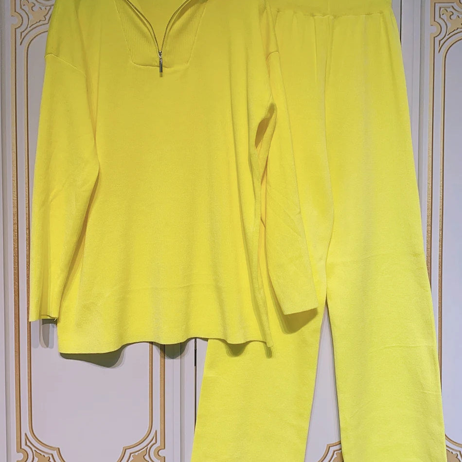 2024 Casual Autumn Loose Knit Sweater Set Fashion Zip Lapel Long Sleeve Pullover Sweater & Straight Pants Two-piece Set