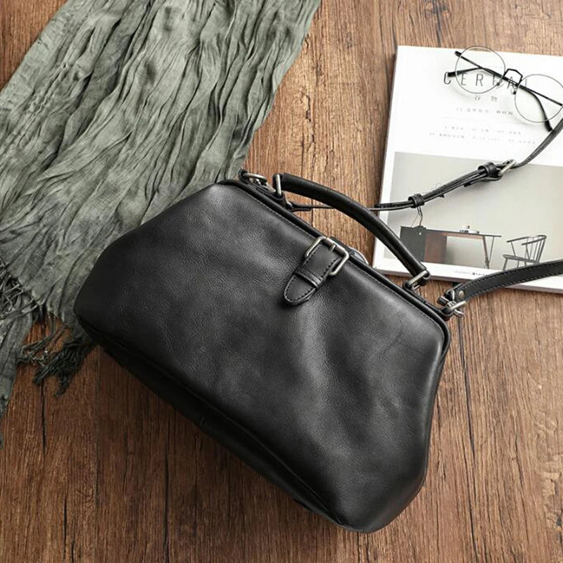 Original Leather Doctor Handbag Cowhide Women Big Shoulder Bags High Quality Vintage Manual Paint Crossbody Bags black (30cm<Max Length<50cm)