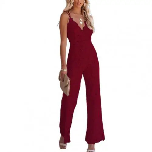 Solid Lace Jumpsuits Women Sleeveless Romper High Waist V-Neck Wide Leg Playsuits and Jumpsuit Women bodysuit Combinaison femme Red