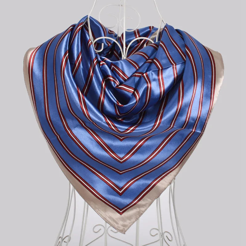 Ladies Green Coffee Square Scarves Printed Women Elegant Satin Large Silk Scarf Shawl 90*90cm Winter Neck Head Scarf grey blue striped