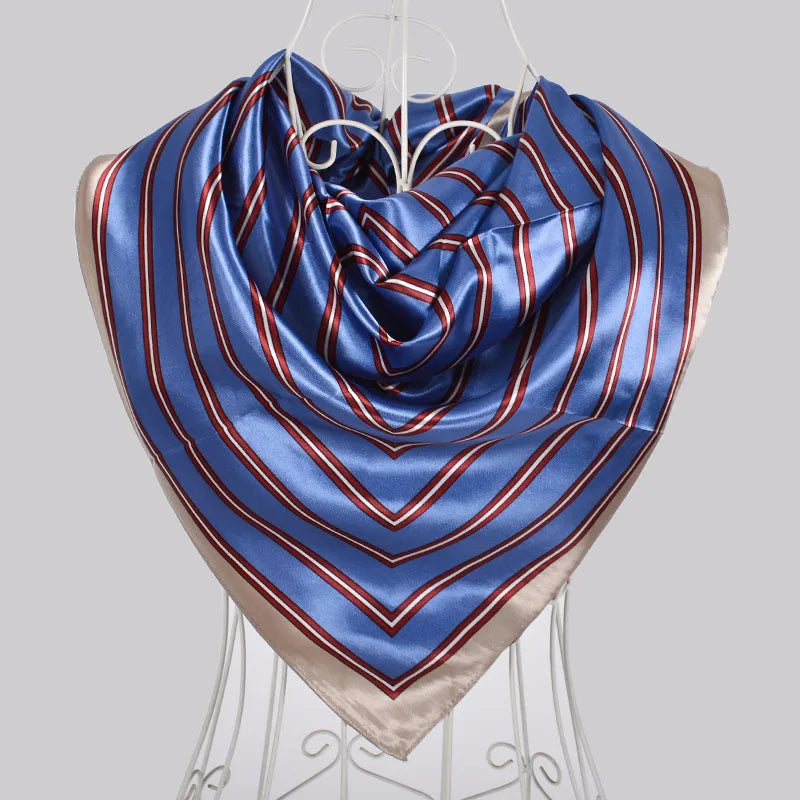 Ladies Green Coffee Square Scarves Printed Women Elegant Satin Large Silk Scarf Shawl 90*90cm Winter Neck Head Scarf grey blue striped