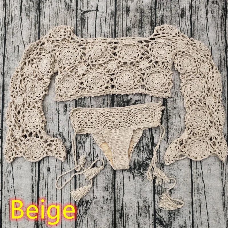 Hand Crochet Bikini Set Women boho Sexy cover up swimming trunks beach Swimwear festival clothing Beige Set