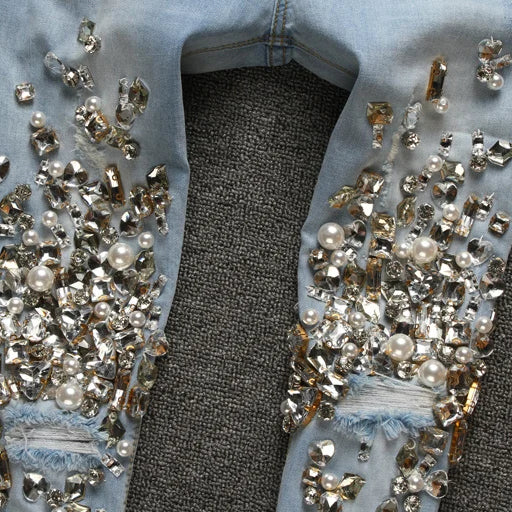 Fashion Top Women's Handmade Beaded Jeans Lady Rhinestones Diamond Denim Jeans Hole Skinny High Stretch Pencil Pants