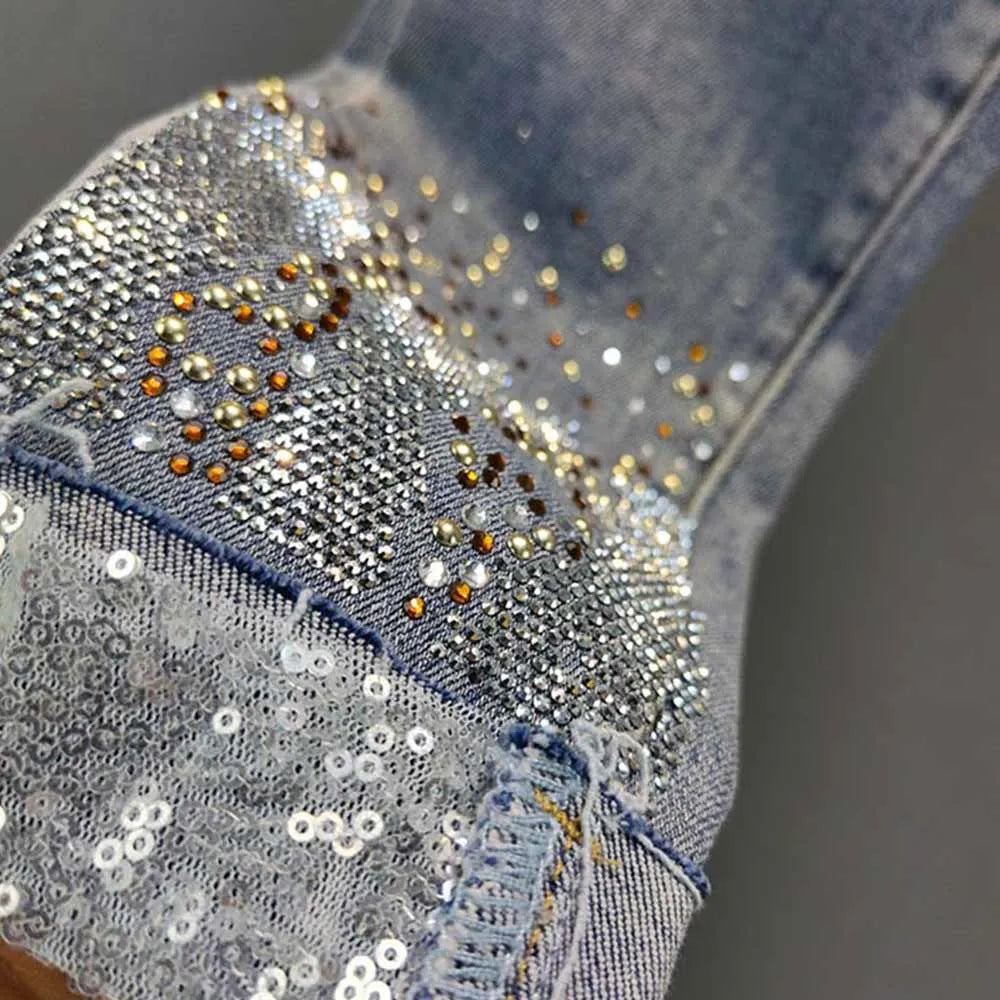 Sequined Rhinestone Skinny Jeans for Women Autumn New High Waist Slim Fit Pencil Pants Trousers Woman Jeans Pants S-3XL