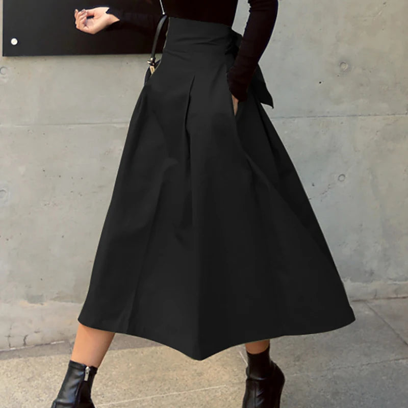 Skirts Womens Korean Fashion Solid Color Big Swing Women Skirt Long Skirt Autumn Wild High Waist Bow Slim Skirts