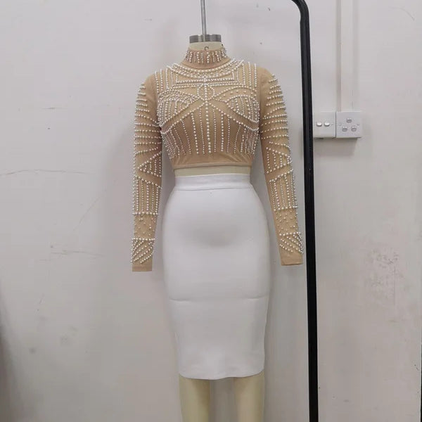 Conjunto de duas peças com pérolas pretas e miçangas, conjunto de bandagem de rayon, roupa de festa de clube