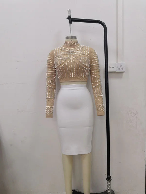 Conjunto de duas peças com pérolas pretas e miçangas, conjunto de bandagem de rayon, roupa de festa de clube