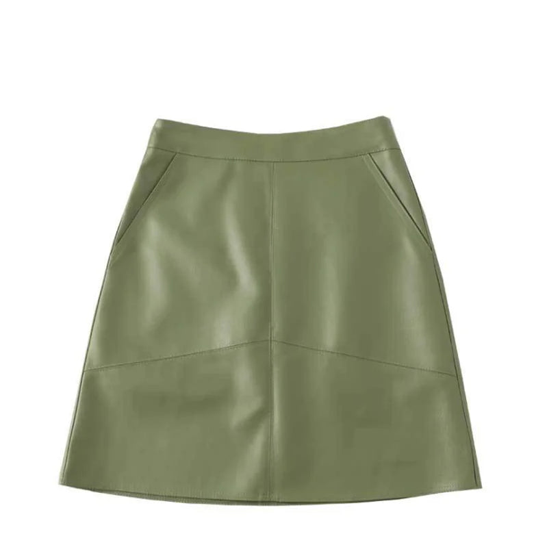 Autumn New Fashion Elegant Women Pu Leather Skirt Casual High Waist Mini Skirt Ladies A-Line Short Skirts Black Gray Green