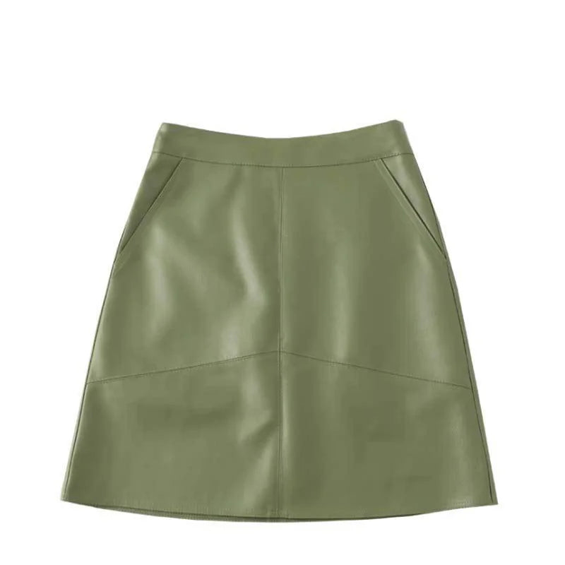 Autumn New Fashion Elegant Women Pu Leather Skirt Casual High Waist Mini Skirt Ladies A-Line Short Skirts Black Gray Green