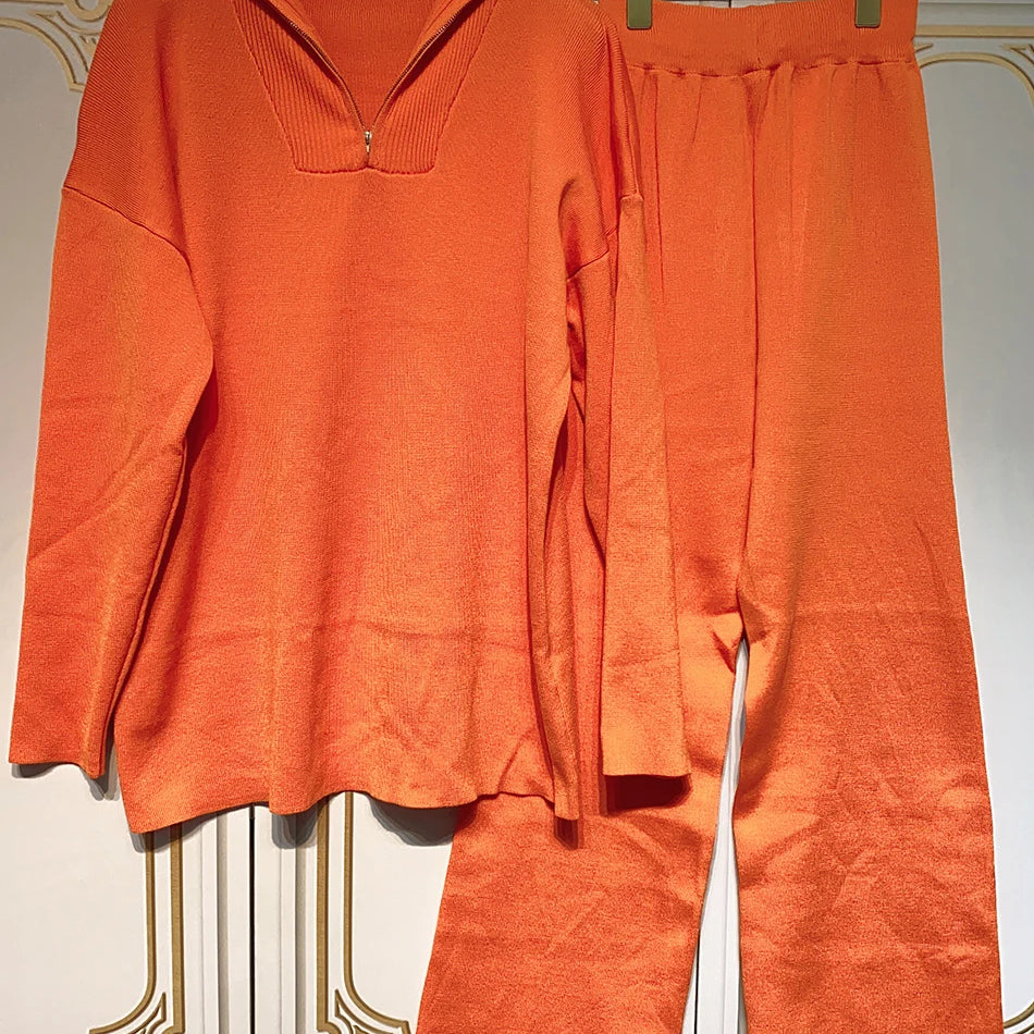 2024 Casual Autumn Loose Knit Sweater Set Fashion Zip Lapel Long Sleeve Pullover Sweater & Straight Pants Two-piece Set