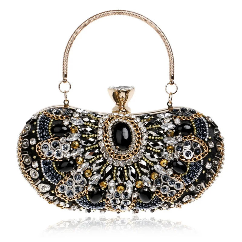 SEKUSA Women's Crystal Evening bag Retro Beaded Clutch Bags Wedding Diamond Beaded Bag Rhinestone Small Shoulder Bags YM1128black
