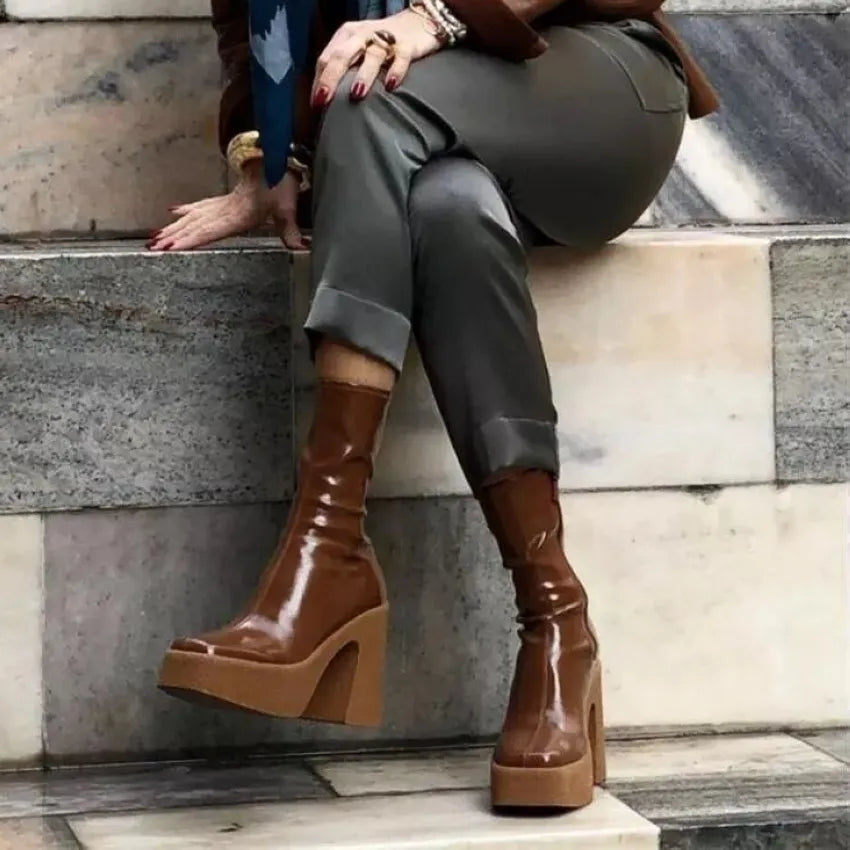 Ankle Boots Women Platform Boots Female Fashion Short Boot Black Chunky High Heel Women Shoes Big Size 42