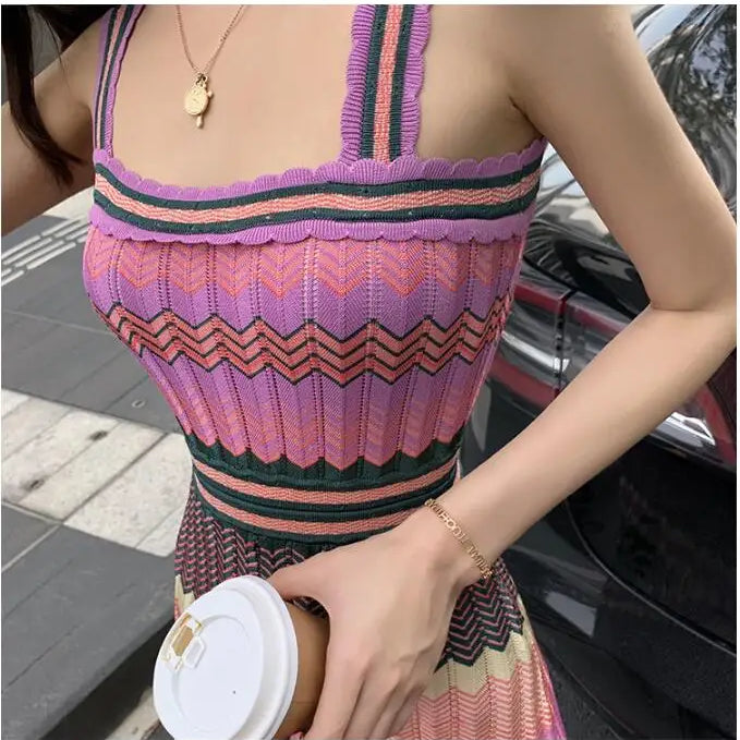 Bohemian Style Sleeveless Knitted Dress for Women, Slim Long Dresses, Geometric Pattern, Summer Party Dress, SL297, New
