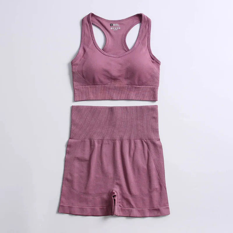 2pcs seamless hyperflex workout sport outfits for women sportswear athletic clothes gym Long Sleeve Crop Top High Waist Leggings Bra shorts Purple2