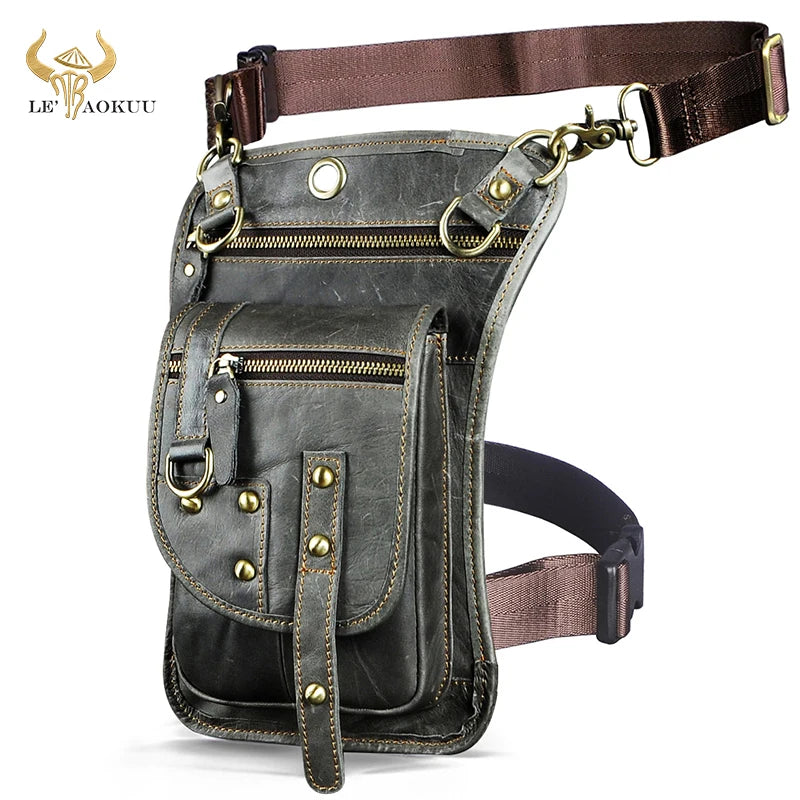 Original Leather Multifunction Men Travel Shoulder Crossbody Messenger Bag Hook Belt Waist Pack Drop Leg Phone Case Bag grey 2