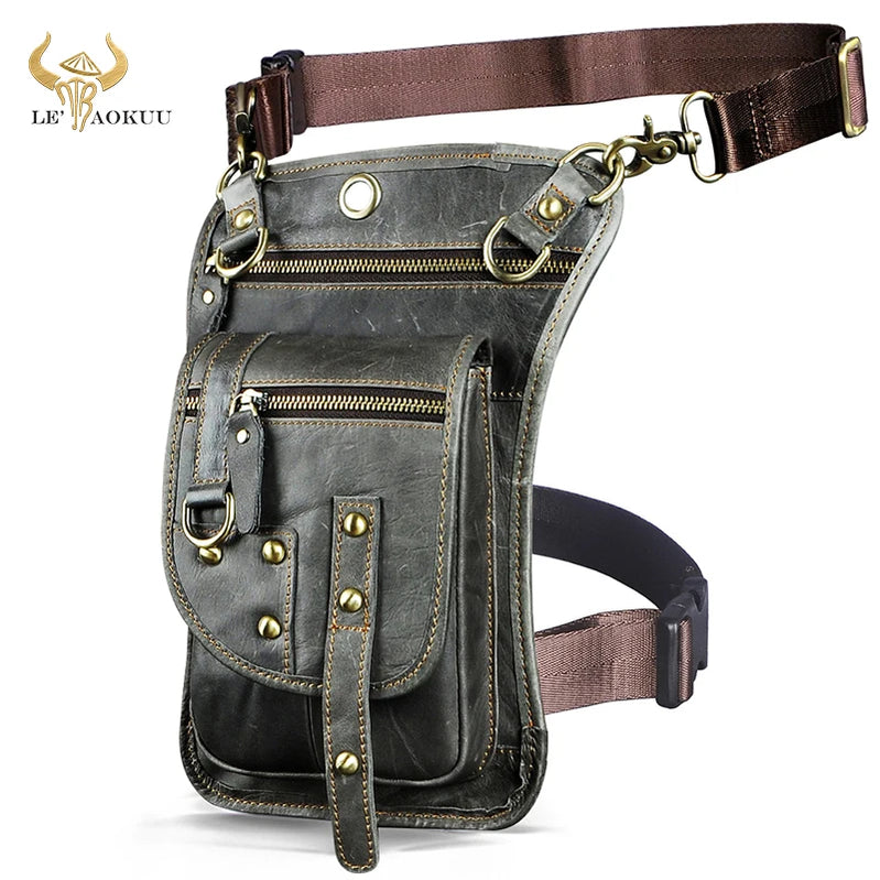 Leather Multipurpose Men Travel Mochila Crossbody Messenger Bag Hook Belt Waist Pack Drop Leg Phone Case Bag grey 2