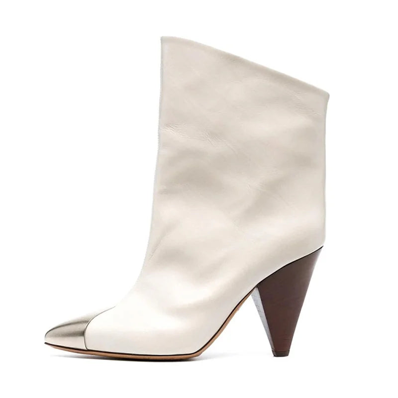 Women Ankle Boots Autumn Winter New High Heel Cowhide Pointed Toe Fashion Ladies Shoes Spike Heels Iron-toed Sexy Botines Mujer WHITE