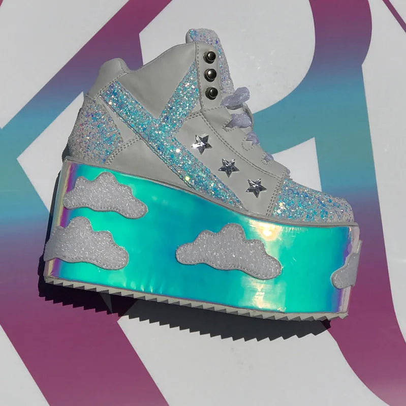 Colorful clouds Platform Shoes For Woman Punk Style Lace-up High Heel Wedges Shoes Sweet Women Ankle Boots For Mujer Shoes 2025