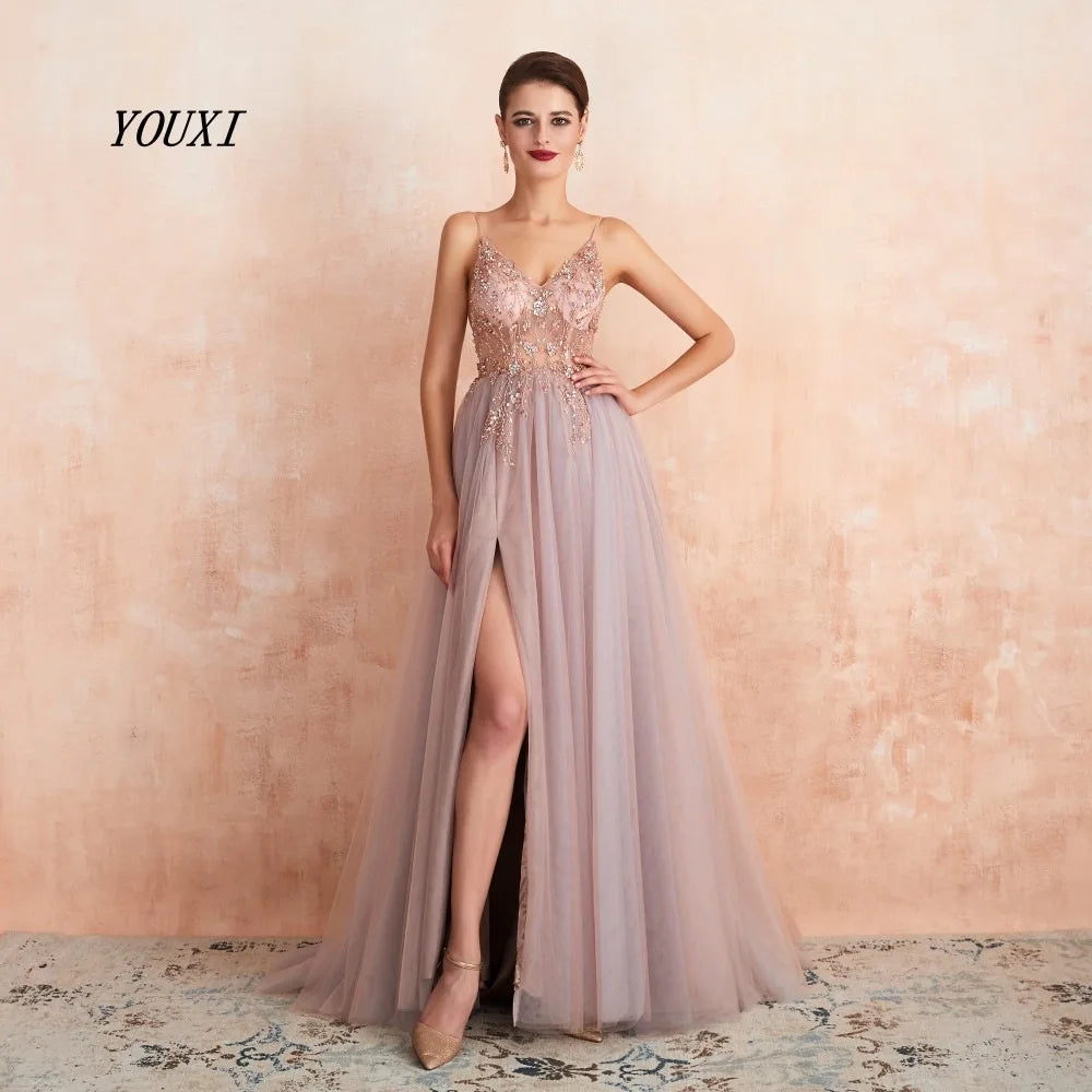 Sexy Spaghetti Straps Evening Dresses V-Neck Rhinestones Beading Formal Prom Gowns with Slit robe de soiree dusty pink