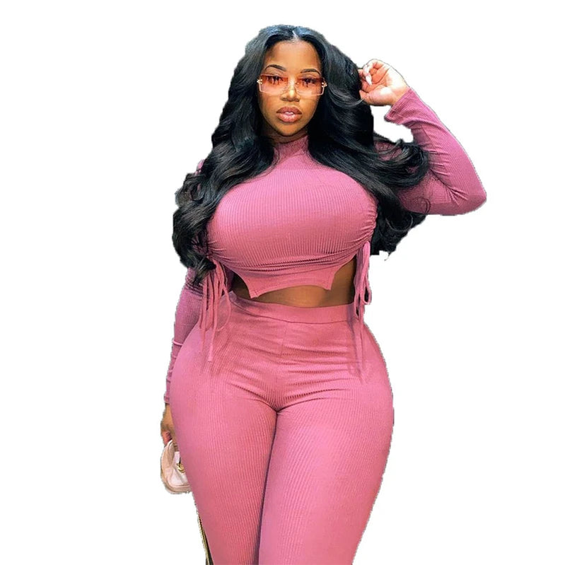 Sexy Plus Size Women Clothing Ribbed Long Sleeve Crop Top and Pants Sets Bodycon Ladies 2 Piece Outfits Wholesale Dropshipping