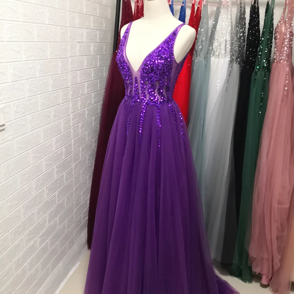 Sexy V-Neck Long Prom Dresses Beaded Beading Crystal High Splits Backless A-Line Formal Gown Party Dress